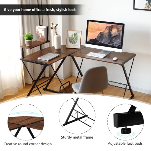 Costway 58'' x 44'' L-Shaped Gaming Desk with Monitor Stand & Host Tray– Dark Wood