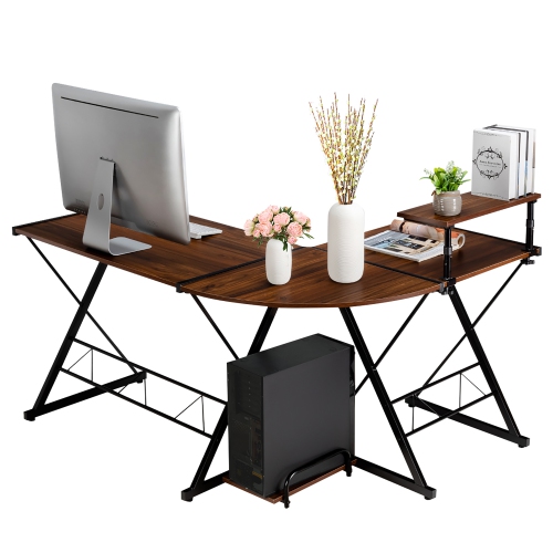 Costway 58'' x 44'' L-Shaped Gaming Desk with Monitor Stand & Host Tray– Dark Wood