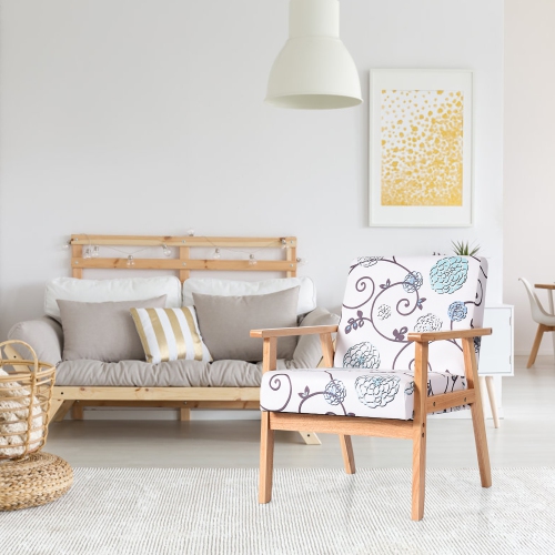 Costway Modern Accent Armchair Fabric Lounge Chair w/Rubber Wood Leg White&Blue Floral