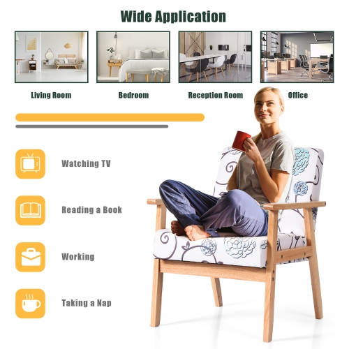 Costway Modern Accent Armchair Fabric Lounge Chair w/Rubber Wood Leg White&Blue Floral