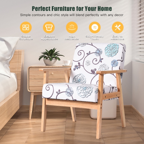 Costway Modern Accent Armchair Fabric Lounge Chair w/Rubber Wood Leg White&Blue Floral