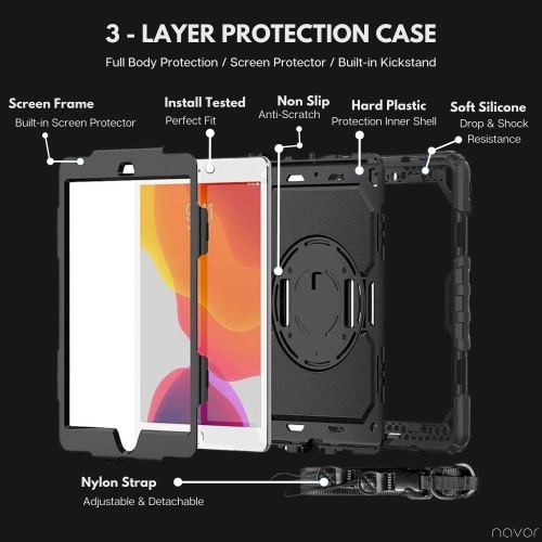 NAVOR stock iPad 9th/8th/7th Generation Case, iPad Three Layer Drop Protection Case with [360 Rotating Stand] Hand Strap &[Pencil Holder] iPad