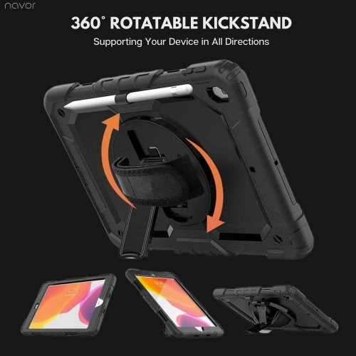 NAVOR stock iPad 9th/8th/7th Generation Case, iPad Three Layer Drop Protection Case with [360 Rotating Stand] Hand Strap &[Pencil Holder] iPad