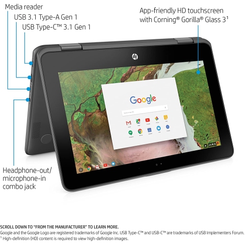 HP Chromebook 11 - Intel Celeron N3350 - 4GB LPDDR4 - 32GB eMMC - ChromeOS - Touchscreen - 2-in-1 by HP - Refurbished condition - Image 2