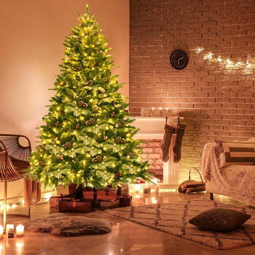 Costway 6.5Ft Pre-lit Snow Flocked Hinged Artificial Christmas Spruce Tree w/ 450 Lights