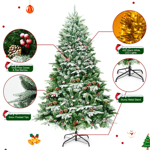 Costway 6.5Ft Pre-lit Snow Flocked Hinged Artificial Christmas Spruce Tree w/ 450 Lights