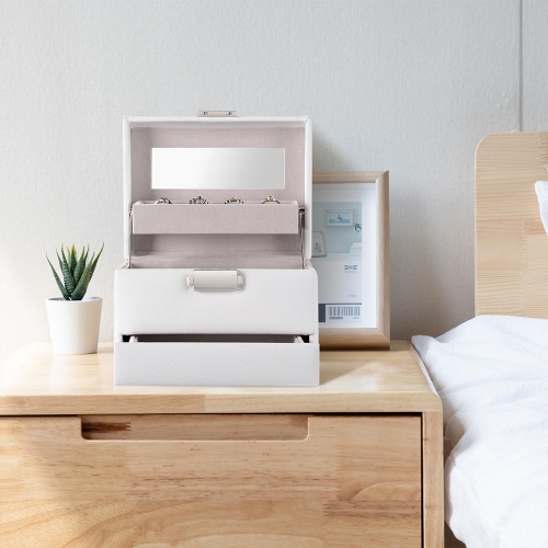 Boîte à bijoux en cuir PU à 3 couches, organisateur de stockage de bijoux vitrine de voyage avec miroir pour bagues boucles d'oreilles colliers