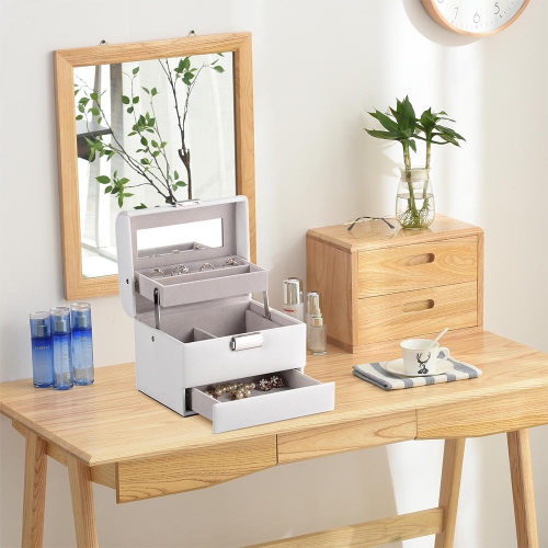 Boîte à bijoux en cuir PU à 3 couches, organisateur de stockage de bijoux vitrine de voyage avec miroir pour bagues boucles d'oreilles colliers