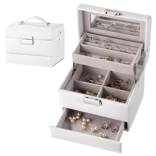 Boîte à bijoux en cuir PU à 3 couches, organisateur de stockage de bijoux vitrine de voyage avec miroir pour bagues boucles d'oreilles colliers