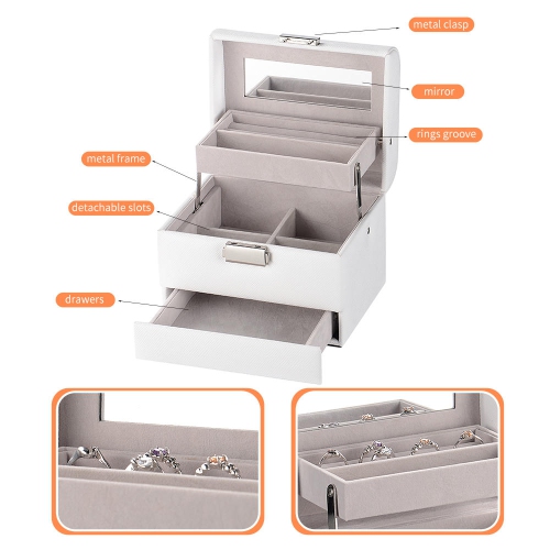 Boîte à bijoux en cuir PU à 3 couches, organisateur de stockage de bijoux vitrine de voyage avec miroir pour bagues boucles d'oreilles colliers