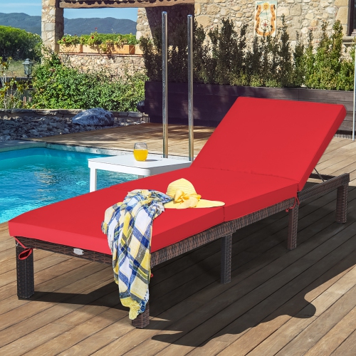 Costway Outdoor Rattan Lounge Chair Chaise Recliner Adjustable Cushioned Patio Yard Red