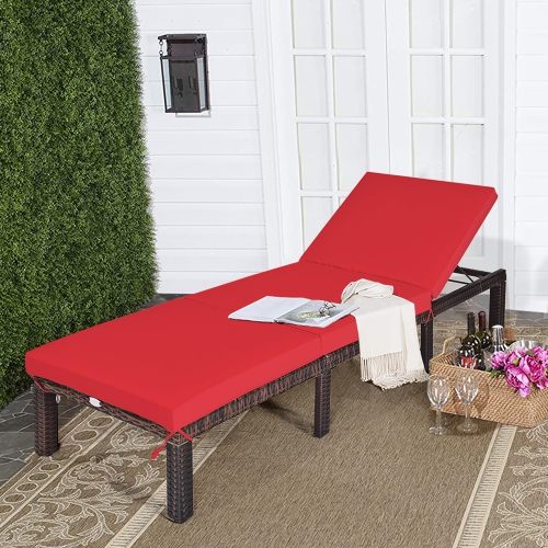 Costway Outdoor Rattan Lounge Chair Chaise Recliner Adjustable Cushioned Patio Yard Red