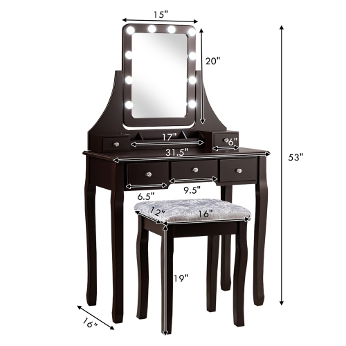 Vanity Dressing Table Set w/ 10 Dimmable Bulbs Touch Switch Cushion Stool