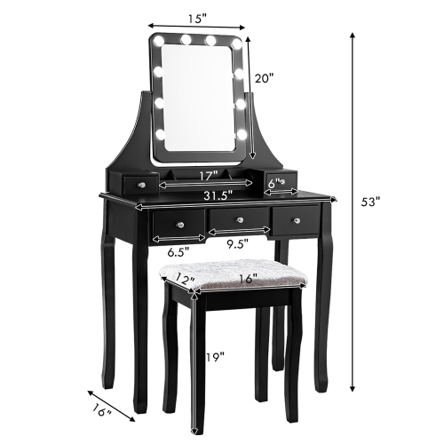 Vanity Dressing Table Set w/ 10 Dimmable Bulbs Touch Switch Cushion Stool