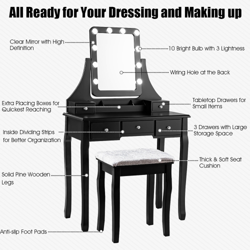 Vanity Dressing Table Set w/ 10 Dimmable Bulbs Touch Switch Cushion Stool