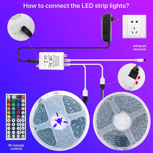Smart Lighting 10m LED Strip Light Kit - 300 LEDs - 5050 RGB - Waterproof - Flexible Color Changing with 44 Keys IR Remote Controller & 12V Power