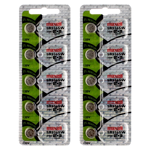 10 x Maxell 394 Watch Batteries, SR936SW or 380 Battery