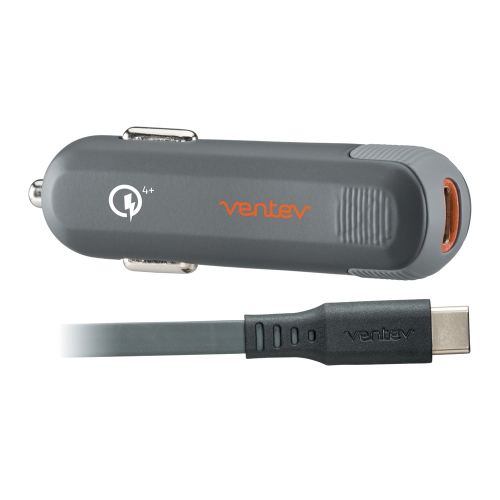 Ventev PD QC4+ Car Charger Single USB-C Port 27W with USB-C to USB-C Cable 3.3 ft Gray Car Chargers 294993