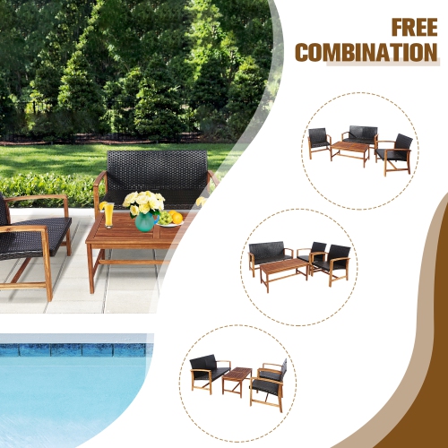 Costway 8PCS Outdoor Patio Rattan Furniture Set Acacia Wood Frame Sofa Loveseat Garden