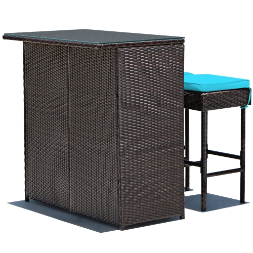 Costway 3PCS Patio Rattan Wicker Bar Table Stools Dining Set Cushioned Chairs Turquoise