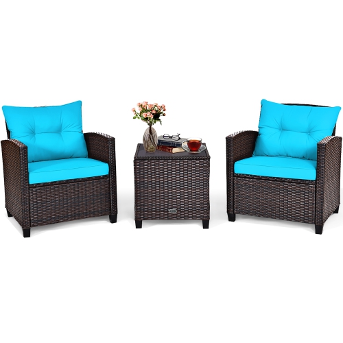 3PCS Ensemble de mobilier de patio extérieur en rotin Table basse Fauteuil Accoudoir avec coussin Costway