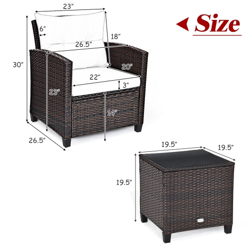 3PCS Ensemble de mobilier de patio extérieur en rotin Table basse Fauteuil Accoudoir avec coussin Costway