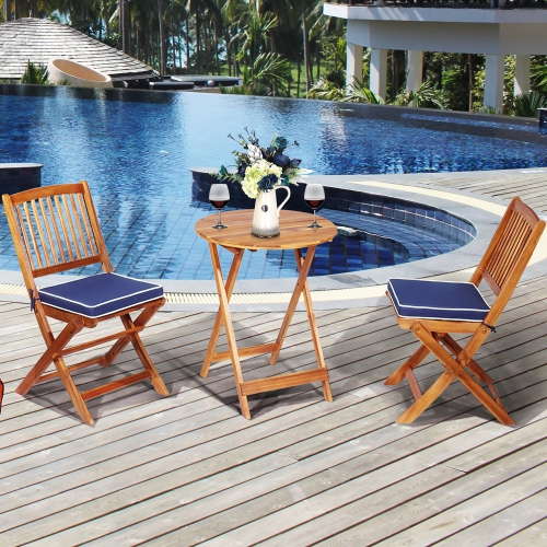 COSTWAY  3PCs Patio Folding Wooden Bistro Set Cushioned Chair Conversation Cushion In Navy Blue