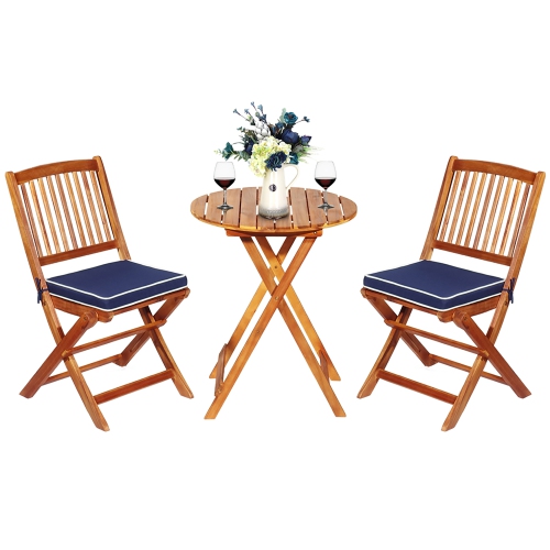 Costway 3PCS Patio Folding Wooden Bistro Set Cushioned Chair Conversation Navy Blue Cushion
