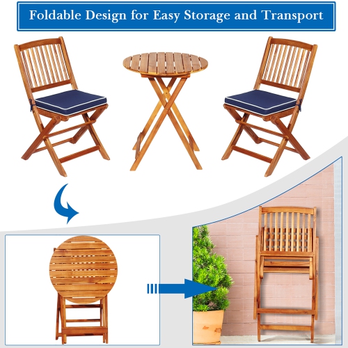 Costway 3PCS Patio Folding Wooden Bistro Set Cushioned Chair Conversation Navy Blue Cushion