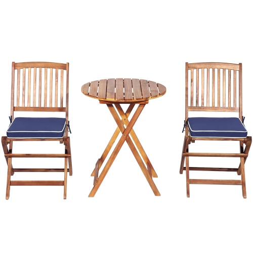 Costway 3PCS Patio Folding Wooden Bistro Set Cushioned Chair Conversation Navy Blue Cushion