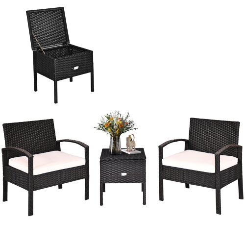 Costway 3PCS Patio Rattan Furniture Set Storage Table Cushioned Sofa