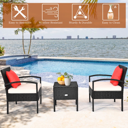 Costway 3PCS Patio Rattan Furniture Set Storage Table Cushioned Sofa