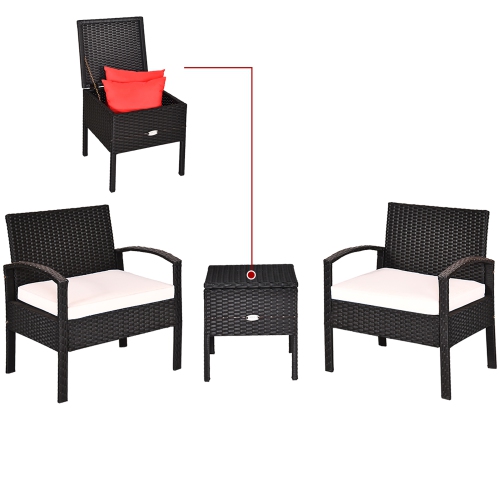 Costway 3PCS Patio Rattan Furniture Set Storage Table Cushioned Sofa