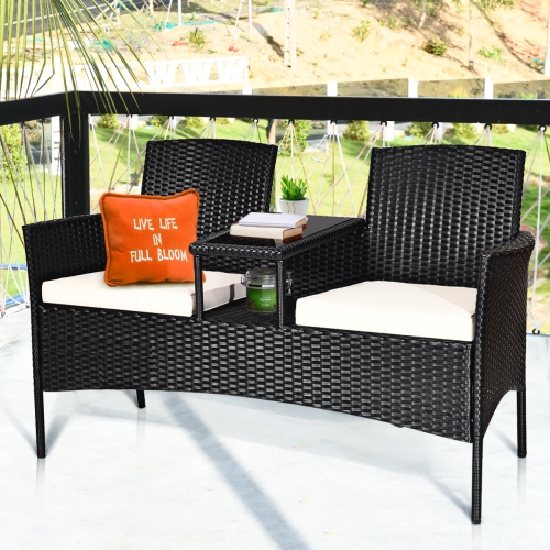 COSTWAY  Patio Rattan Conversation Set Seat Sofa Cushioned Loveseat Glass Table Chairs