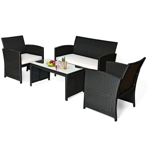Goplus 4PCS Patio Rattan Furniture Conversation Set Cushioned Sofa Table Garden Black