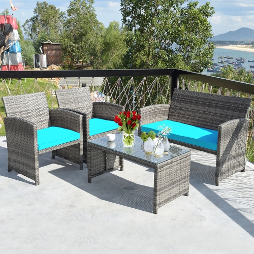 Costway 4PCS Patio Rattan Furniture Set Conversation Glass Table Top Cushioned Turquoise