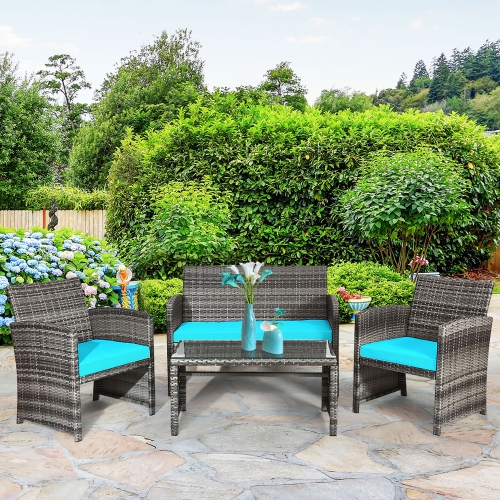 4pcs Ensemble de mobilier de patio en rotin Canapé de jardin avec sièges rembourrés