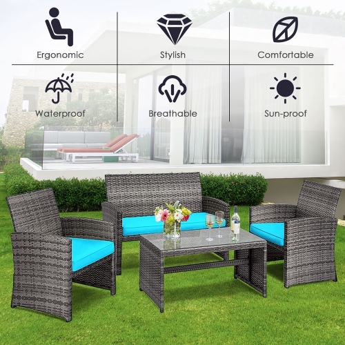 4pcs Ensemble de mobilier de patio en rotin Canapé de jardin avec sièges rembourrés