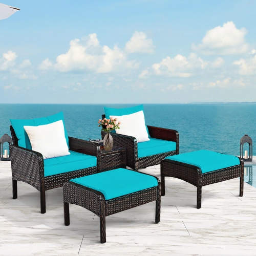 Costway 5 PCS Patio Rattan Wicker Furniture Set Sofa Ottoman Coffee Table Cushioned