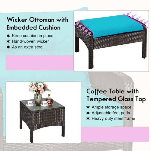 Costway 5 PCS Patio Rattan Wicker Furniture Set Sofa Ottoman Coffee Table Cushioned