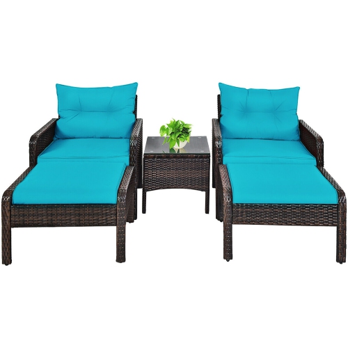 Costway 5 PCS Patio Rattan Wicker Furniture Set Sofa Ottoman Coffee Table Cushioned
