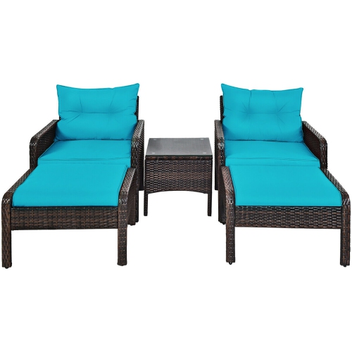 Costway 5 PCS Patio Rattan Wicker Furniture Set Sofa Ottoman Coffee Table Cushioned