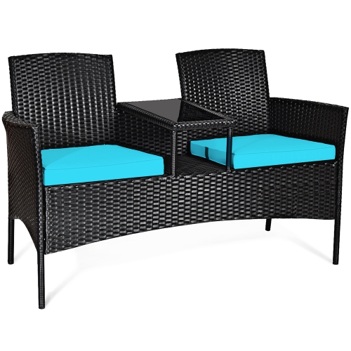 Costway Patio Rattan Conversation Set Seat Sofa Cushioned Loveseat Chairs Turquoise