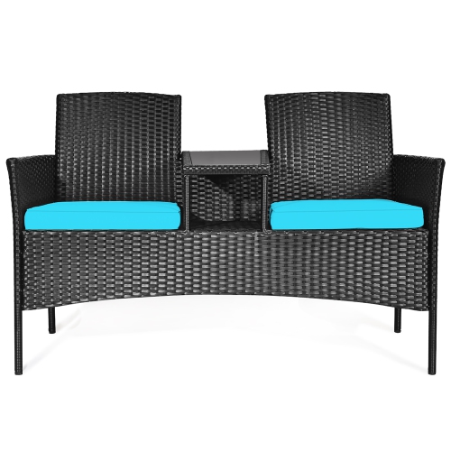 Costway Patio Rattan Conversation Set Seat Sofa Cushioned Loveseat Chairs Turquoise