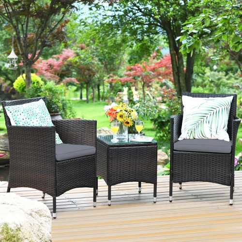 Costway Outdoor 3 PCS PE Rattan Wicker Furniture Sets Chairs Coffee Table Garden