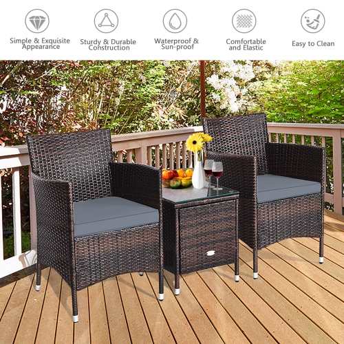 Costway Outdoor 3 PCS PE Rattan Wicker Furniture Sets Chairs Coffee Table Garden