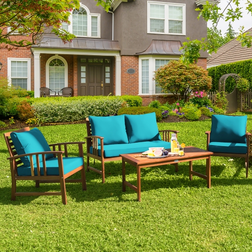 Costway 4PCS Wooden Patio Furniture Set Table Sofa Chair Cushioned Garden Turquoise