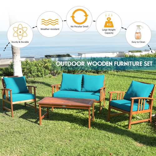 Costway 4PCS Wooden Patio Furniture Set Table Sofa Chair Cushioned Garden Turquoise