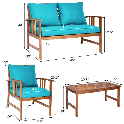 Costway 4PCS Wooden Patio Furniture Set Table Sofa Chair Cushioned Garden Turquoise