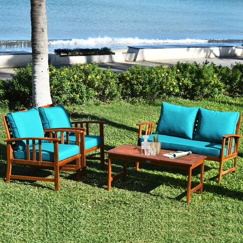 Costway 4PCS Wooden Patio Furniture Set Table Sofa Chair Cushioned Garden Turquoise